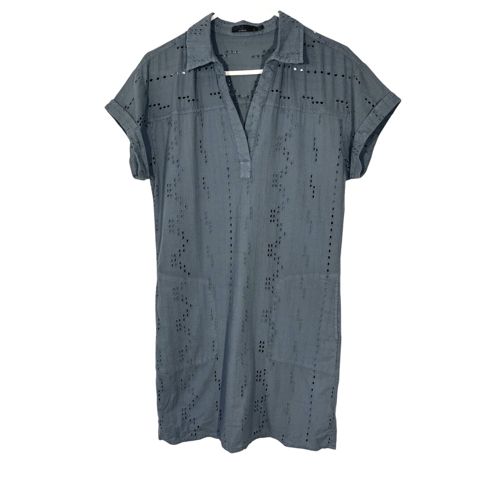 prAna Women's Short Sleeve Boho Eyelet Dress Lined S Gray